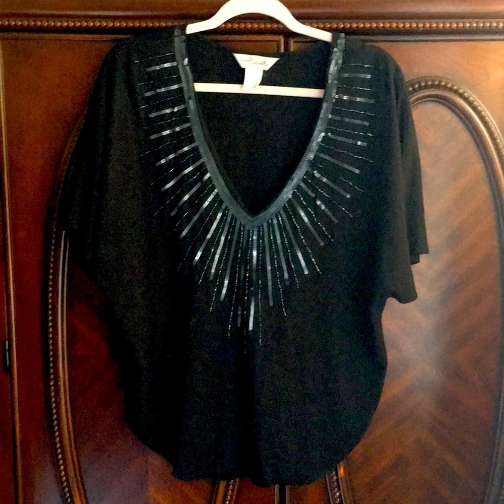 Black shirt with hand stitched sequins short sleeves
